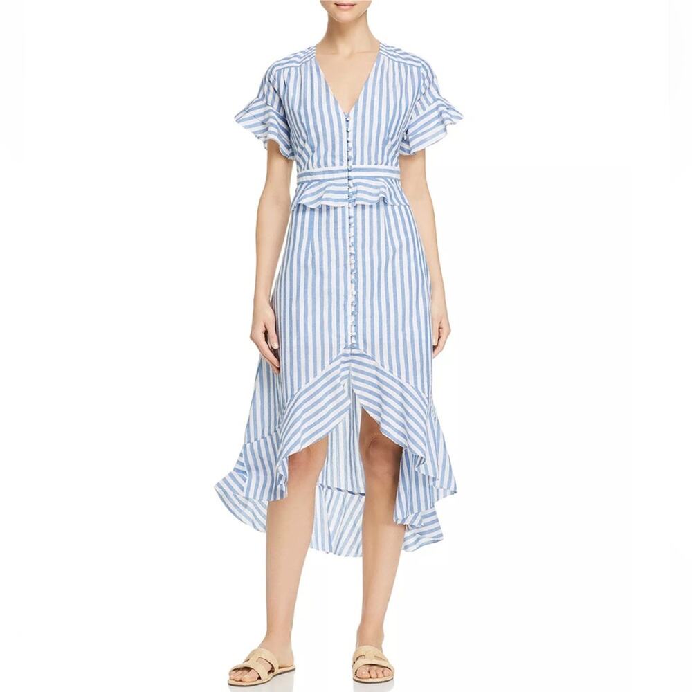 MELLODAY Pin Striped Blue White High Low Midi Dress Size Medium